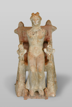 Terracotta figure of woman or goddess seated on a throne
